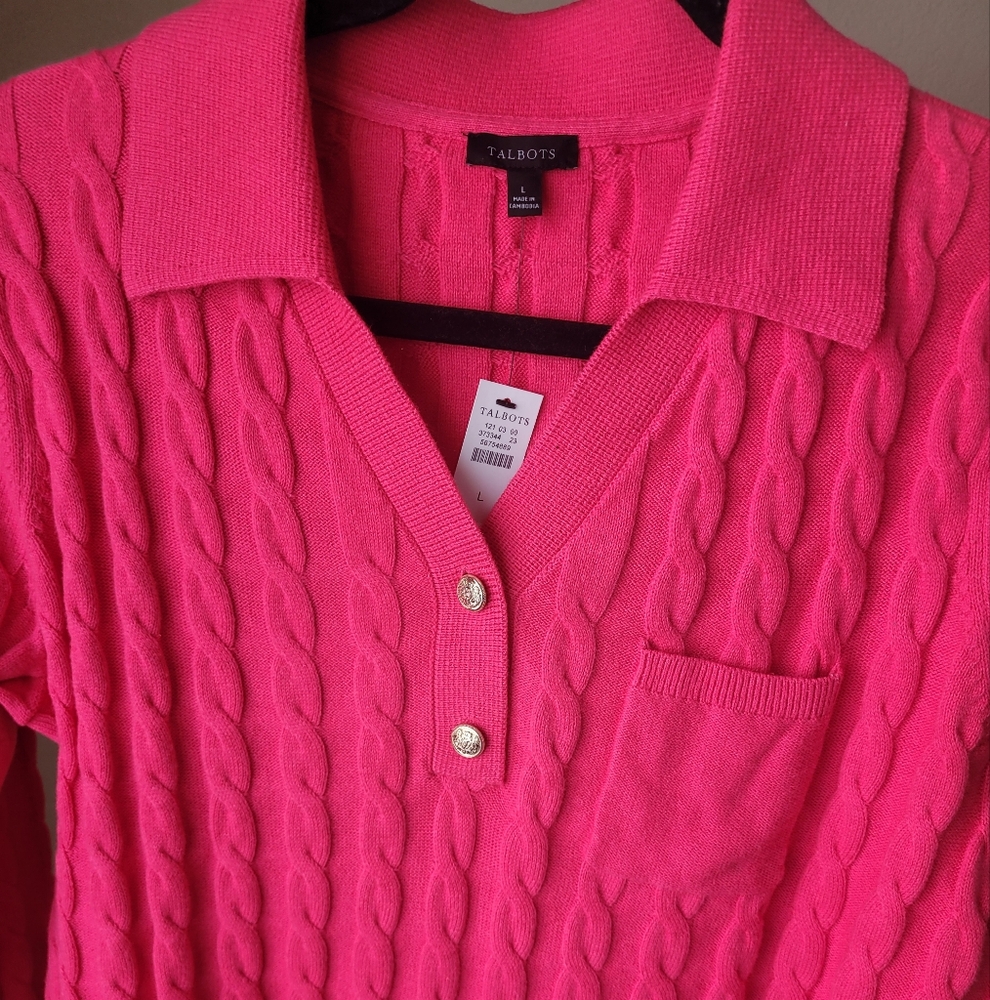 Talbots Pink Cable-Knit Polo Sweater - Picture 7 of 7